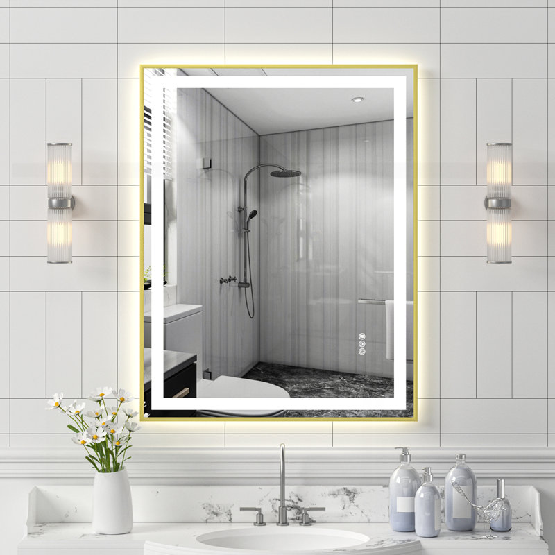 Miroir écologique à deux lumières DEL, Doré, 28 po x 36 po