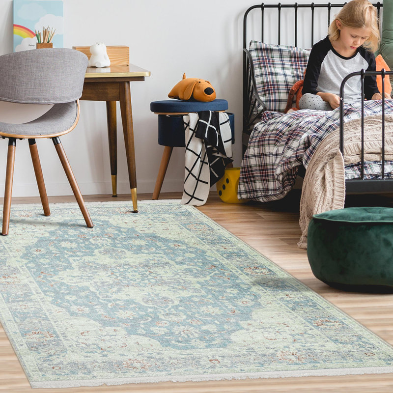 Greenish Blue Medallion Flatweave Washable Area Rug 4' x 6'