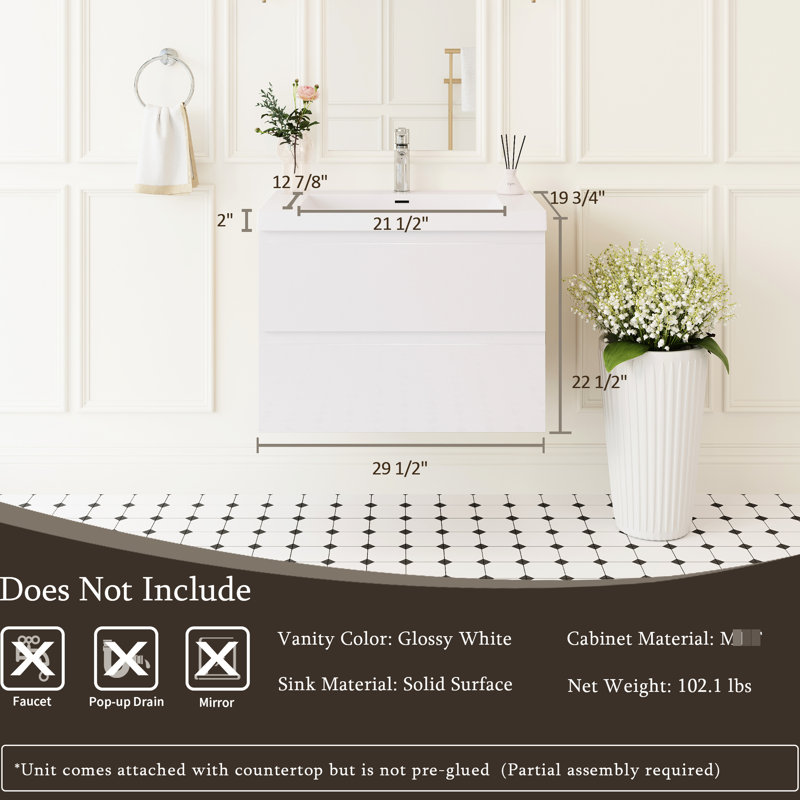 Meuble-lavabo flottant de 30 po, conception minimaliste moderne, surface solide, blanc brillant, tiroirs à fermeture en douceur pour un fouillis - et fonctionnel