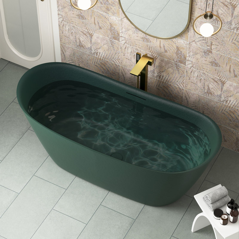 67" x 30" Freestanding Soaking Bathtub Gel Coat Bathtub with Rock Texture, Forest Rock Green