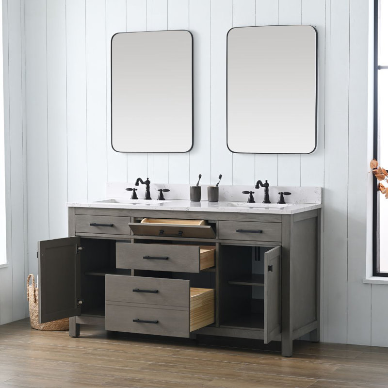 Meuble-lavabo double 60 po Ajiya, Gris texturé / noir mat, Blanc de Carrare