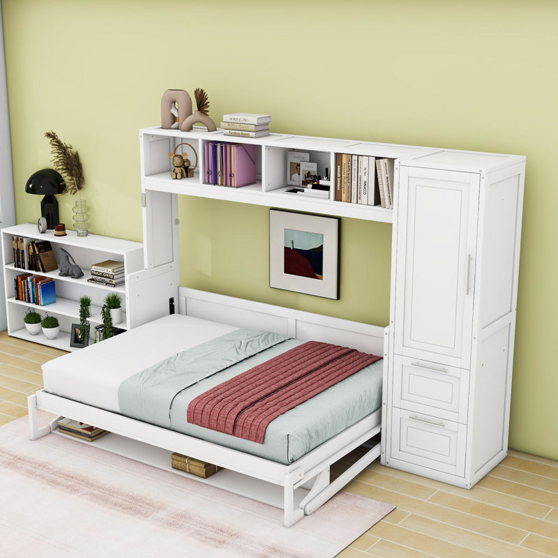 Lit escamotable double à 2 tiroirs avec garde-robe latérale, tablette supérieure et rangement sous le lit, Blanc