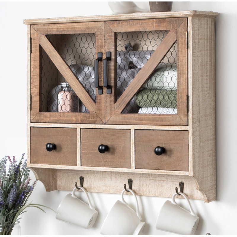 Rustic White and Brown Wooden Wall Cabinet with Chicken Wire Doors