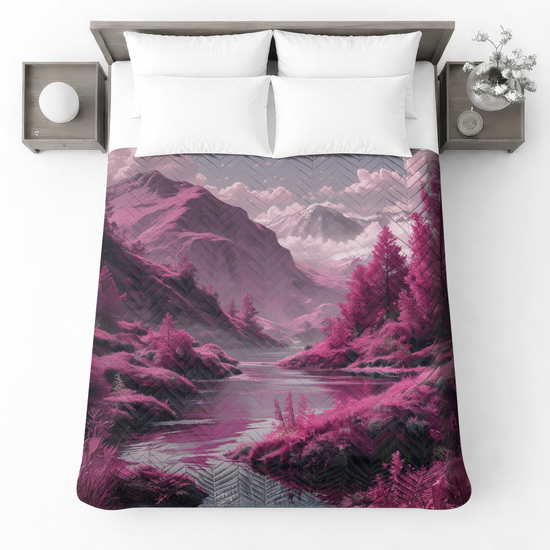 Couvre-lit matelassé Pink Mountain Landscape, Lit simple