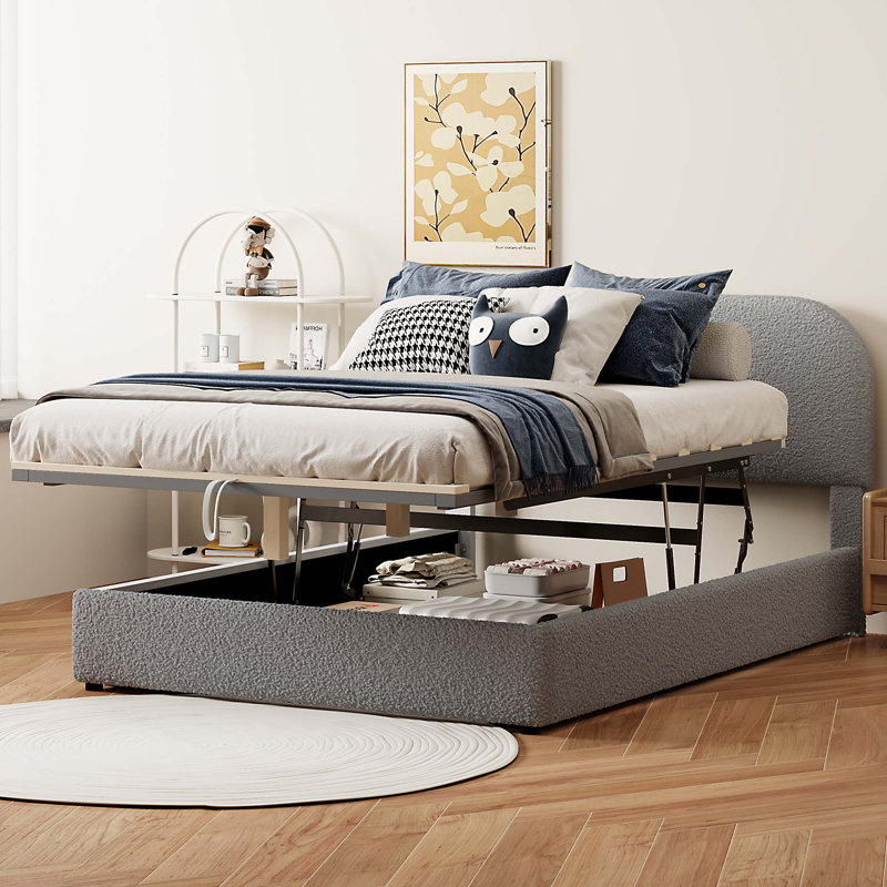 Lit plateforme tapissier Teddy, gris, Double