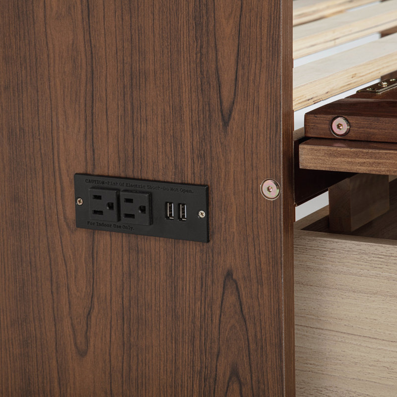 Grand lit escamotable, armoire-lit en bois de pin avec centrale électrique et panneau de décoration en rotin, noyer, Noyer