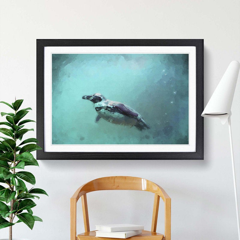 Solo Swimming Penguin in Abstract - Picture Frame Painting Print, 36cm H x 48cm W x 2cm D, Black Framed