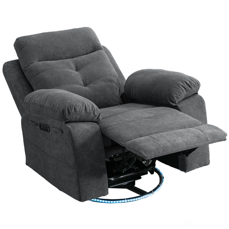 Power Recliner Glider Chair With Bluetooth Speaker 270 Degree Swivel With LED Light Side Arm With Storage Pockets USB+Type C Charging Port Button Control Retractable Footrest Adjustable Backrest