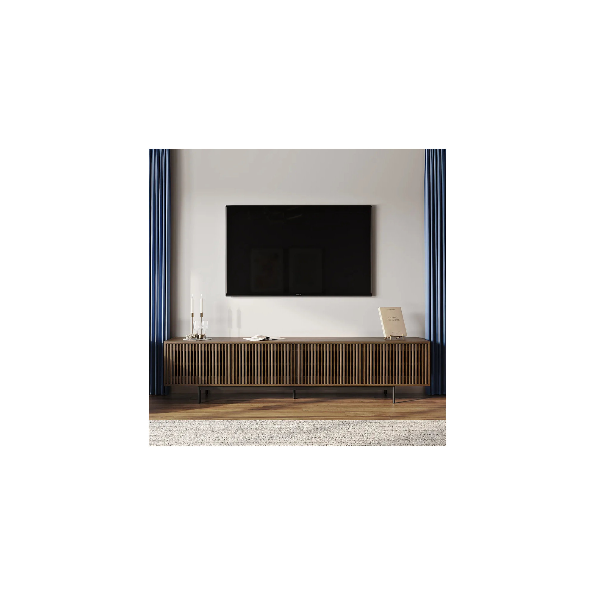 Mid-Century Modern TV Stand, Walnut, 21.26" H x 95" W x 18.89" D