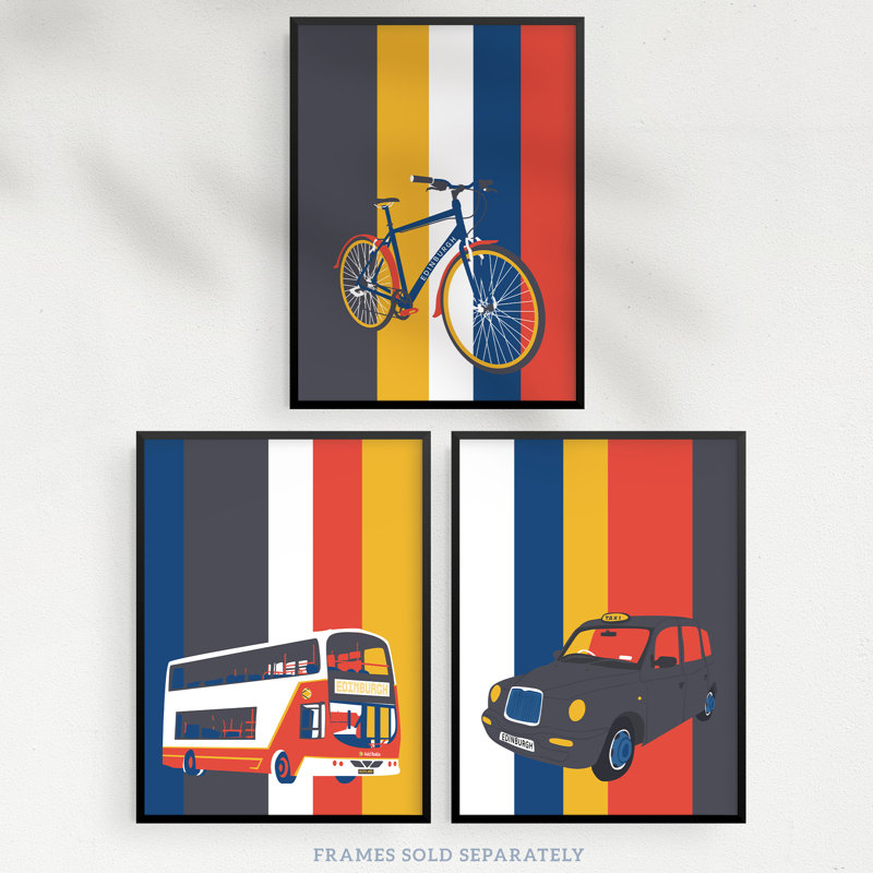 Edinburgh Transport Bicycle Bus Taxi Cab Transportation Retro 3 Piece Wall Art, 29.7cm H x 21cm W x 0.4cm D
