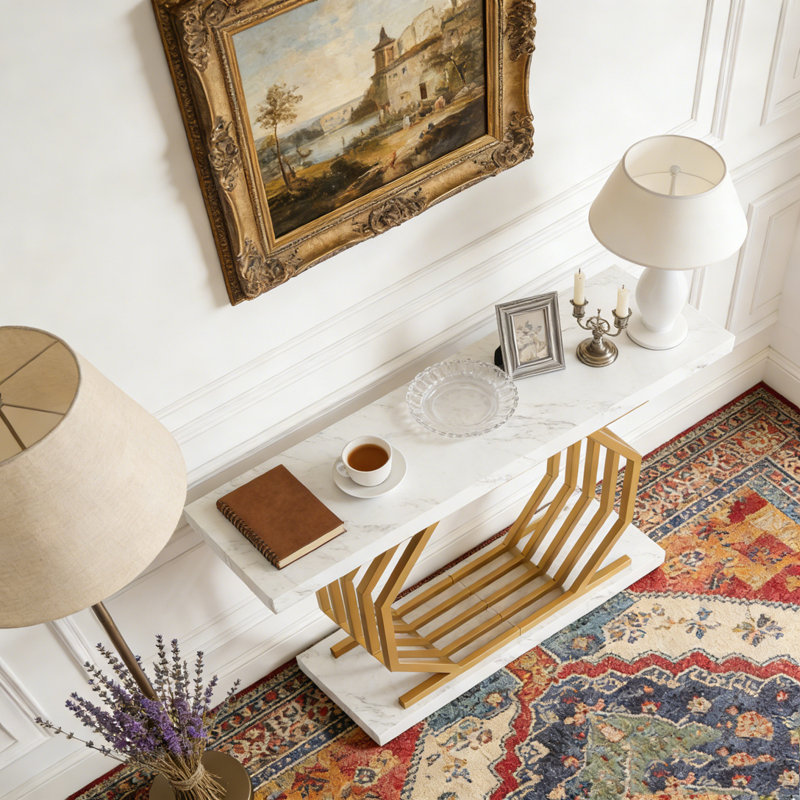 Canapé d'appoint Faux Marble Console, Blanc et or