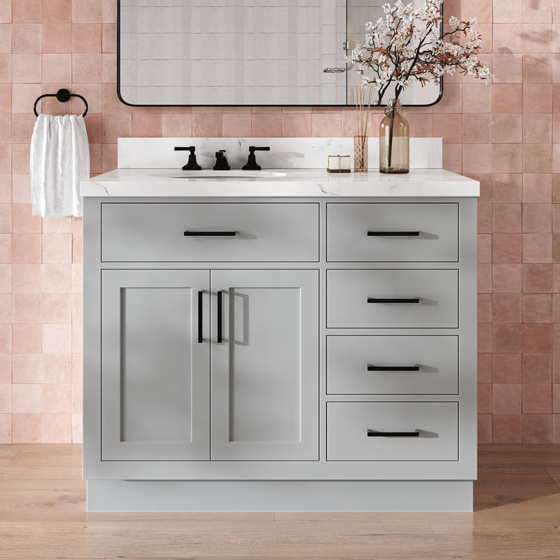 Meuble-lavabo simple en bois massif 42 po Tidworth avec plateau en quartz Carrara de 1,5 po, Gauche, Ovale, Gris