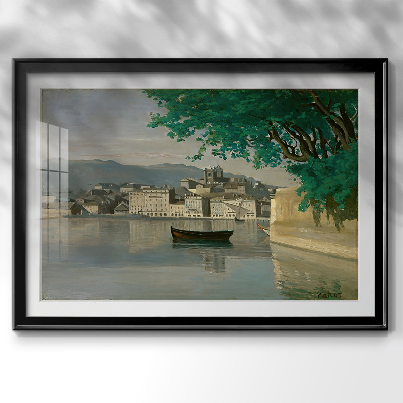 Vue de Genève-Jean-Baptiste-Camille Corot-Toile tendue avec châssis-c. 1841, 22,5 x 30,5, Impression encadrée, Noir
