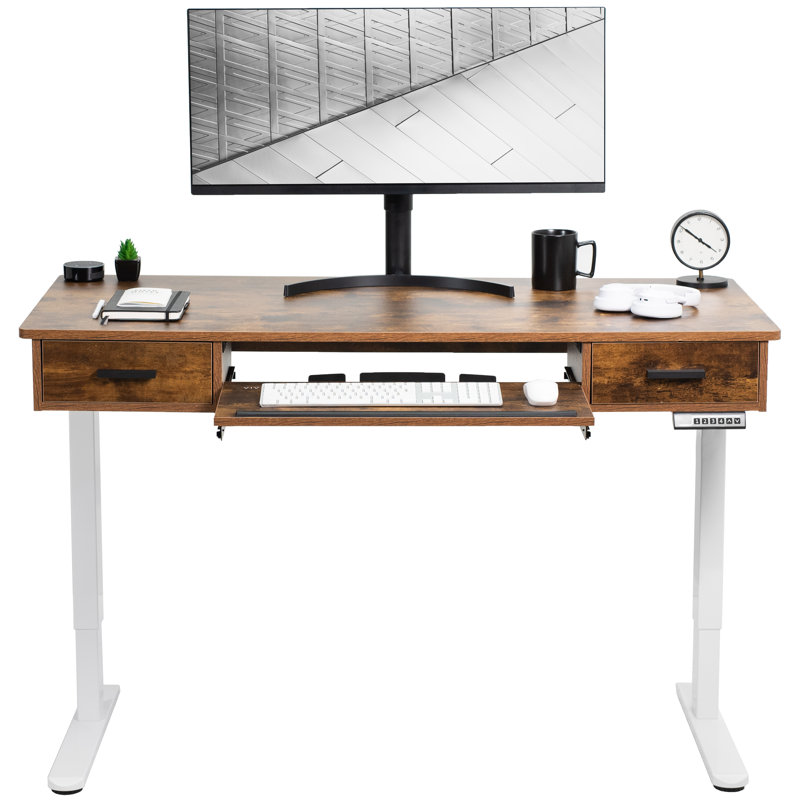 VIVO Electric 55” x 24” Desk with Rear-set Legs, Vintage Brown Top, RB5MN series, White