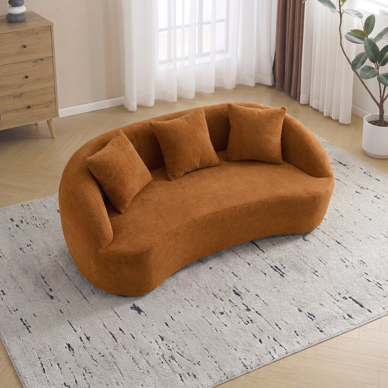 Causeuse incurvée moderne de 65 po x P 39,4 po avec 3 coussins et coussin en mousse compressée, Orange