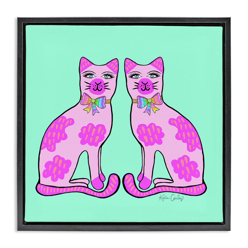 Cadre flottant miroitant avec chats mauves, design par Katie Conley, Cadre flottant noir de jais, H 18 po x l 18 po