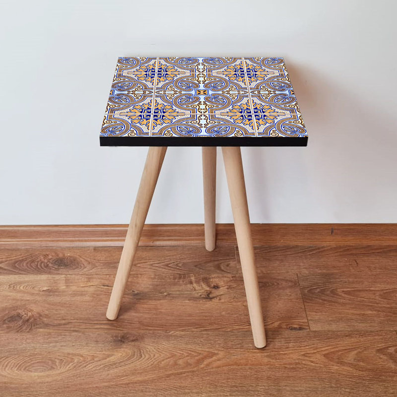 Elegant Side Table with Beech Wood Legs, 13.8 x 16.5 x 13.8 inches | 100% MDF Construction, Thickness: 0.7 inches | Ethnic Geometric Design Perfect for Living Room, Bedroom & Modern Décor