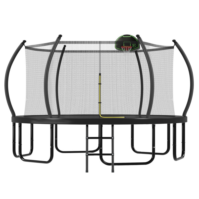Trampoline 16FT avec panier de basketball pour adultes, trampoline extérieur rond avec filet d'enclos et poteaux courbés et échelle