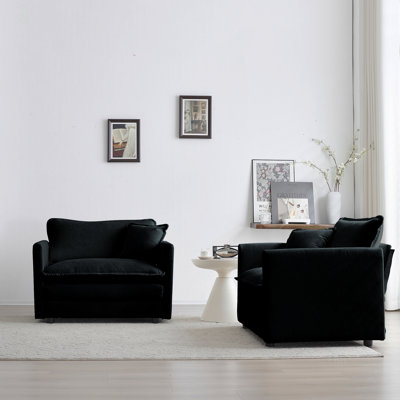 Ensemble de 2 chaises d'appoint, fauteuils rembourrés en chenille haut de gamme, chaises d'appoint de salon avec coussin décoratif, chenille noire