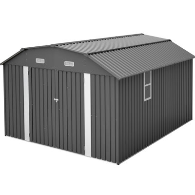 10X12 Ft Gray Heavy Duty Steel Outdoor Storage Shed, Rust-, Pre-Assembled Floor, Snow Load Support, Smart Features