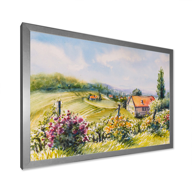 Petite maison dans la campagne verte - Peinture sur toile, H 30 po x l 40 po x P 1,5 po, Cadre de coin argenté fermé