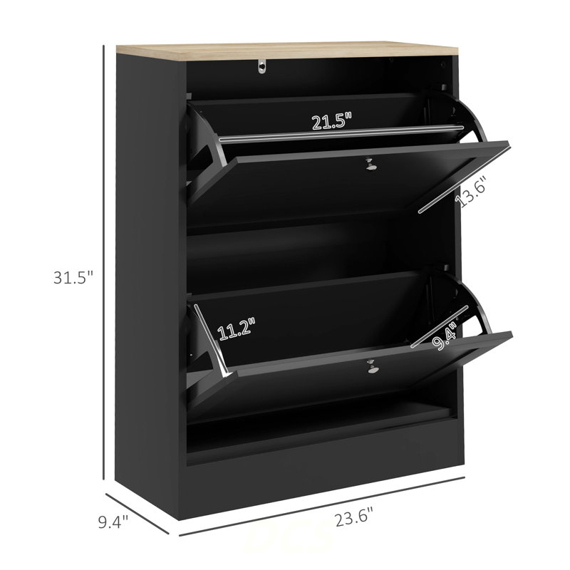Slim Shoe Cabinet For Entryway, Modern Hidden Shoe Storage Cabinet With 2 Flip Drawers And Adjustable Shelves For 12 Pairs Of Shoes, Black, Shoe Storage