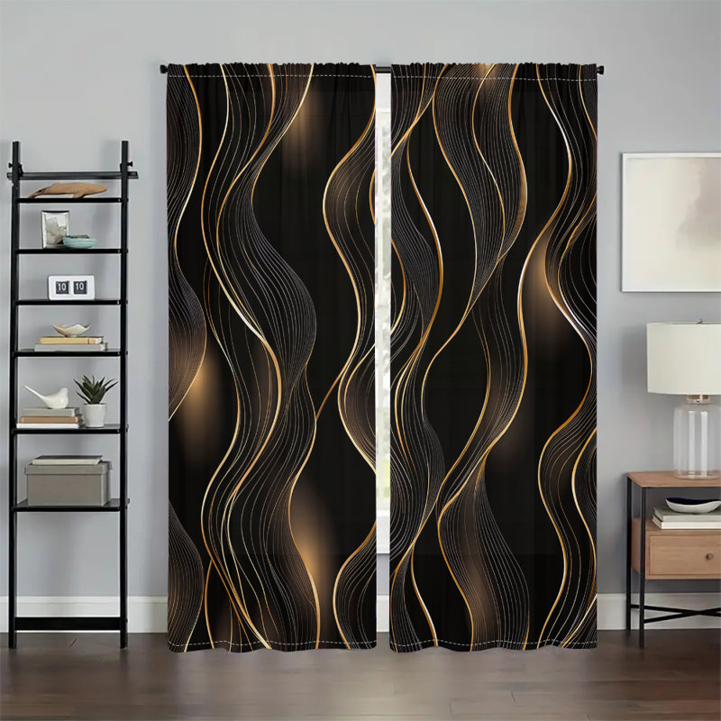 2Pcs Black Gold Wave Curtains Luxury Modern Pattern Rod Pocket Curtain Panels Golden Wavy Line Window Treatment Living Room Bedroom Dining Home Decor