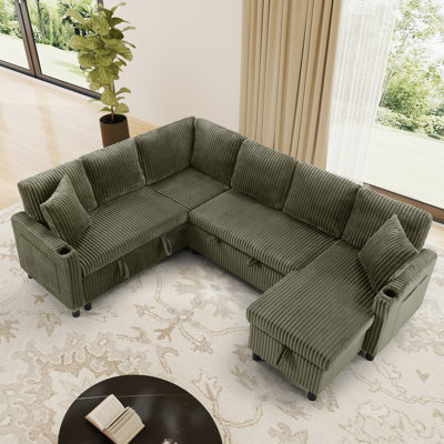 3 Piece U-Shaped Sectional Sofa Bed Pull Out Sleeper Couch With Storage Ottoman