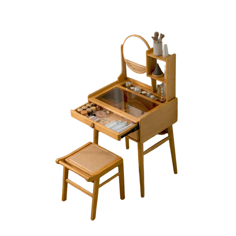 Ensemble de coiffeuse en bambou naturel avec miroir rond, tablettes ouvertes et tabouret assorti