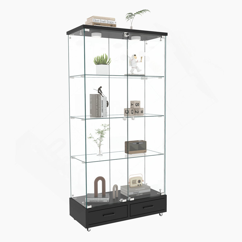 Modern Glass Display Cabinet with 2 Large Drawers , Quick-assembly Antique Cabinet with LED lights, Tempered Glass Bookshelf, 2-Door Storage Case with 4 Shelves