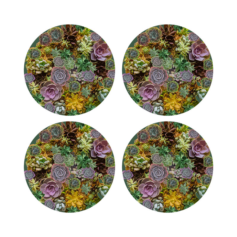 Succulents Evergreen Vegan Leather Round Coasters, Evergreen