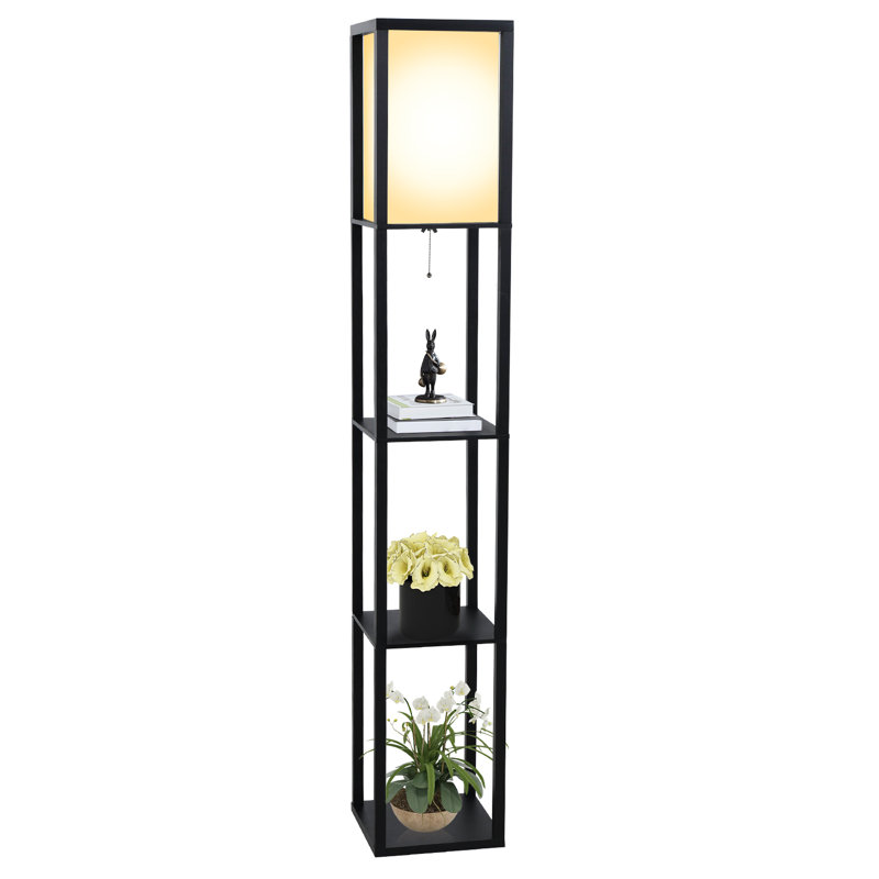 Floor Lamp with 3 Layers Wooden Shelves, Modern 160cm Standing Light Reading Lamp for Living Room, No, Black