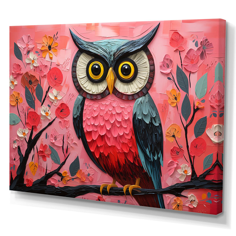 «Rose and Blue Owls Gaze III», art mural hibou, Toile tendue, H 34 po x l 44 po x P 1,5 po