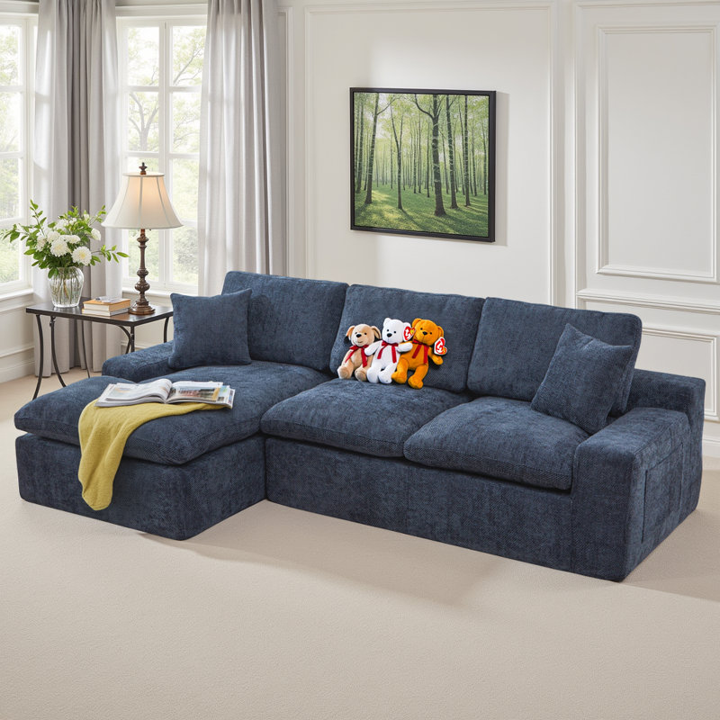 Canapé modulaire en L en chenille Boneless, Chenille bleu