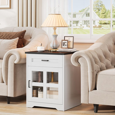 18" Farmhouse End Table Set Of 2 With Drawer And Storage Cabinet