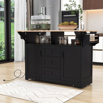 Chinita Versatile Dual Folding Kitchen Island Cart with Storage and Built-in Charging Station by Lark Manor