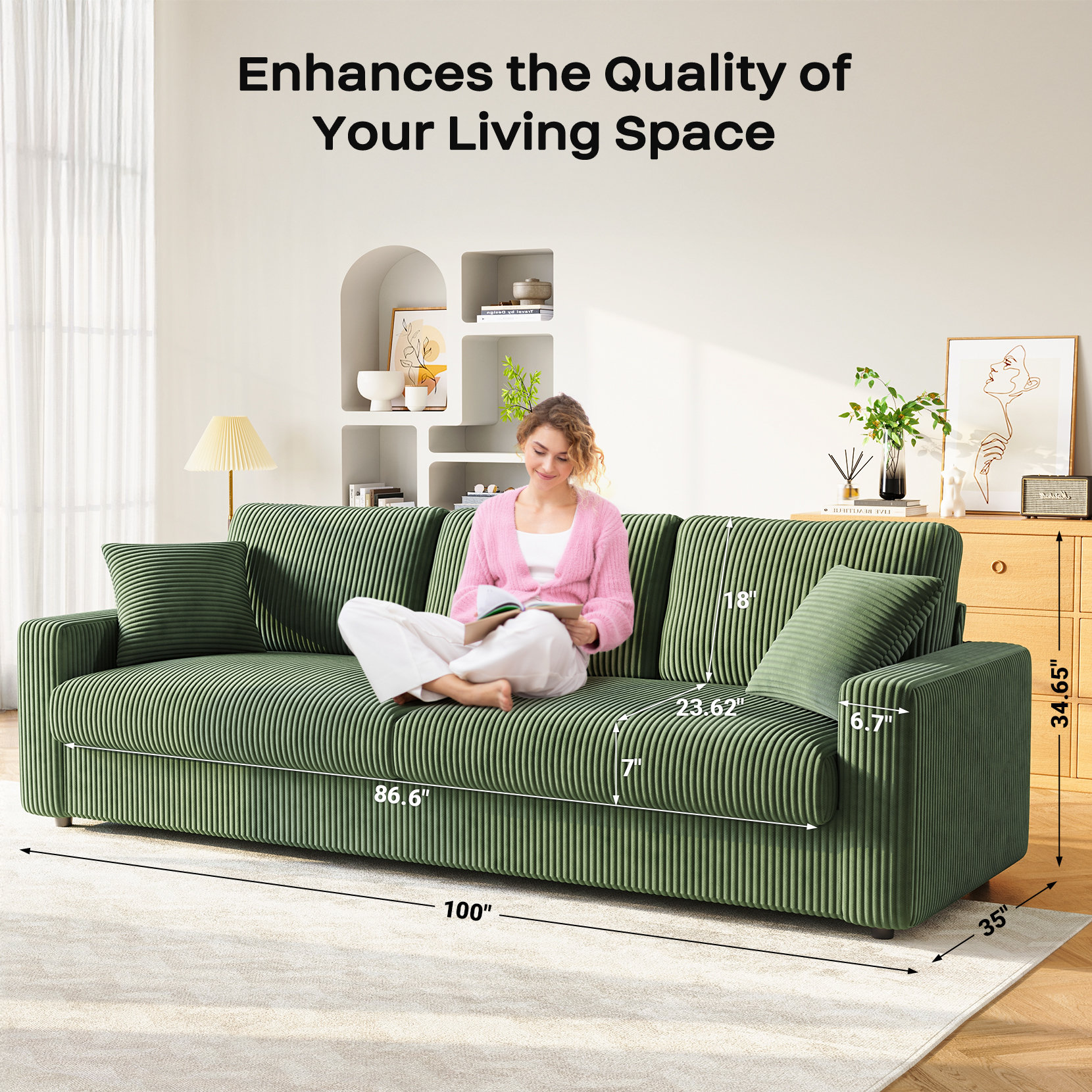 Mercer41 Thickened corduroy sofa 100 inches, square armrests, soft