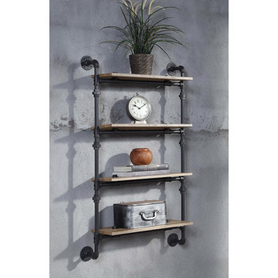 Water Pipe Style 4 Tier Wall Shelf In Oak Finish, For Stylish Home Storage And Decor, 23"L Shelf, 17" Package Width Decor Storage, 9"W 37 Lb Weight