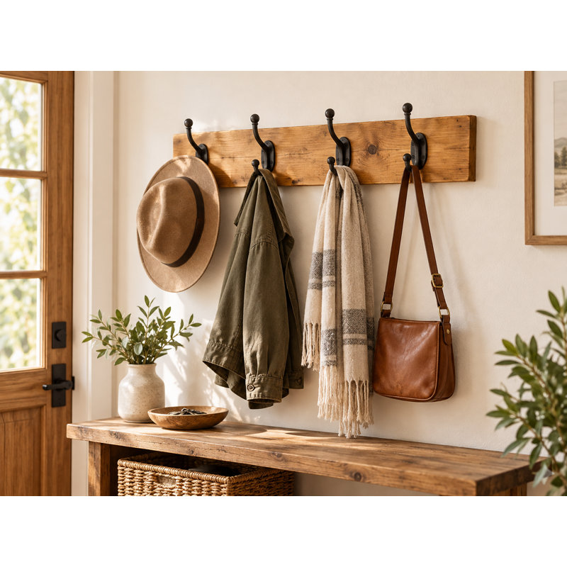 Rustic Wood Wall Mounted Coat Rack with 4 Metal Hooks