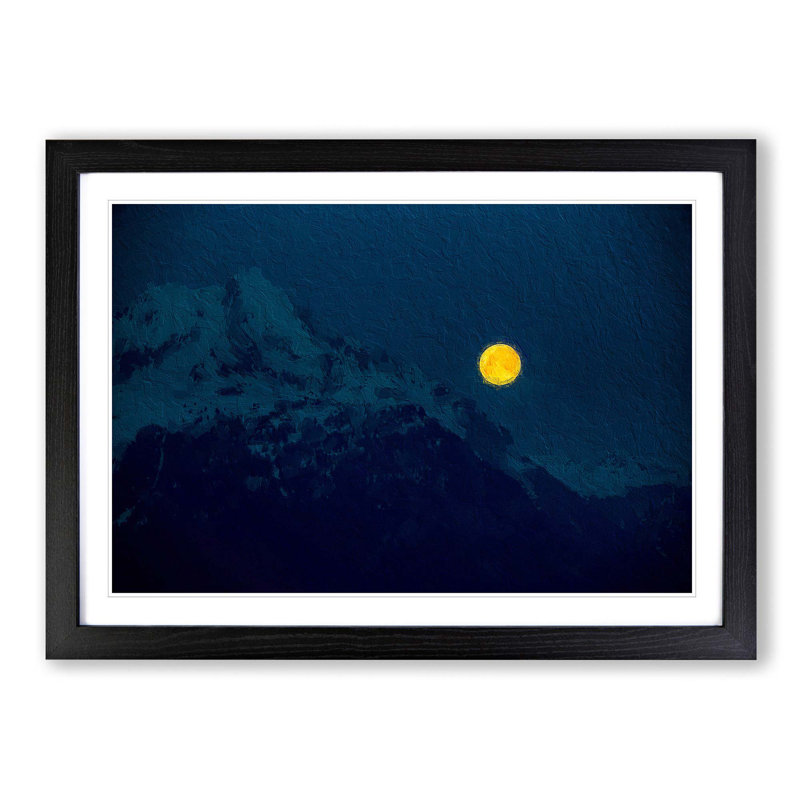Yellow Moon over the Mountain - Picture Frame Painting Print, 27cm H x 36cm W x 2cm D, Black Framed