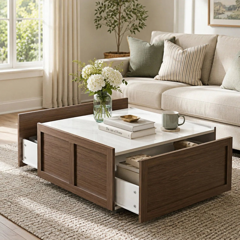 Alpena Square Coffee Table with 2 Hidden Drawers, White/Brown