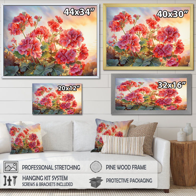Geraniums Sunset I - reproduction, H 24 po x l 32 po x P 1 po, Cadre simple blanc