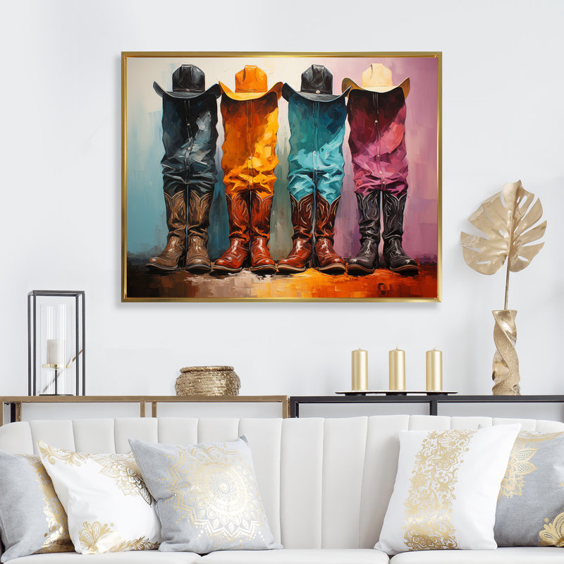 Popart, chapeaux et bottes de cowboy, H 24 po x l 32 po x P 1 po, Cadre flottant doré