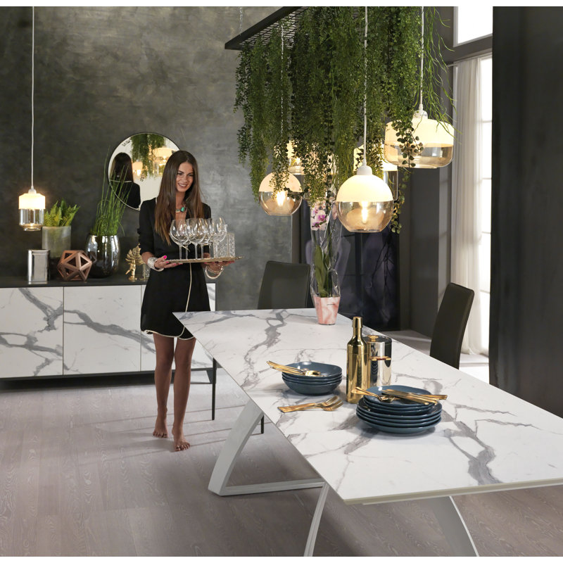 Tilbury Extendable Metal Base Dining Table, Calacatta Marble, Black