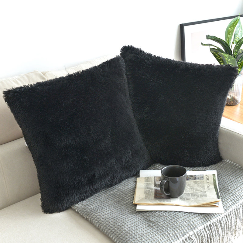 Housse de coussin carrée en fausse fourrure, H 18 po x l 18 po, Noir