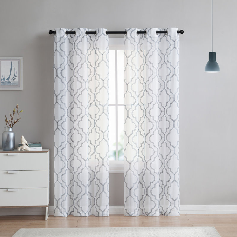 Cariss Geometric Sheer Curtain Panels, Light Gray, 38" W x 84" L