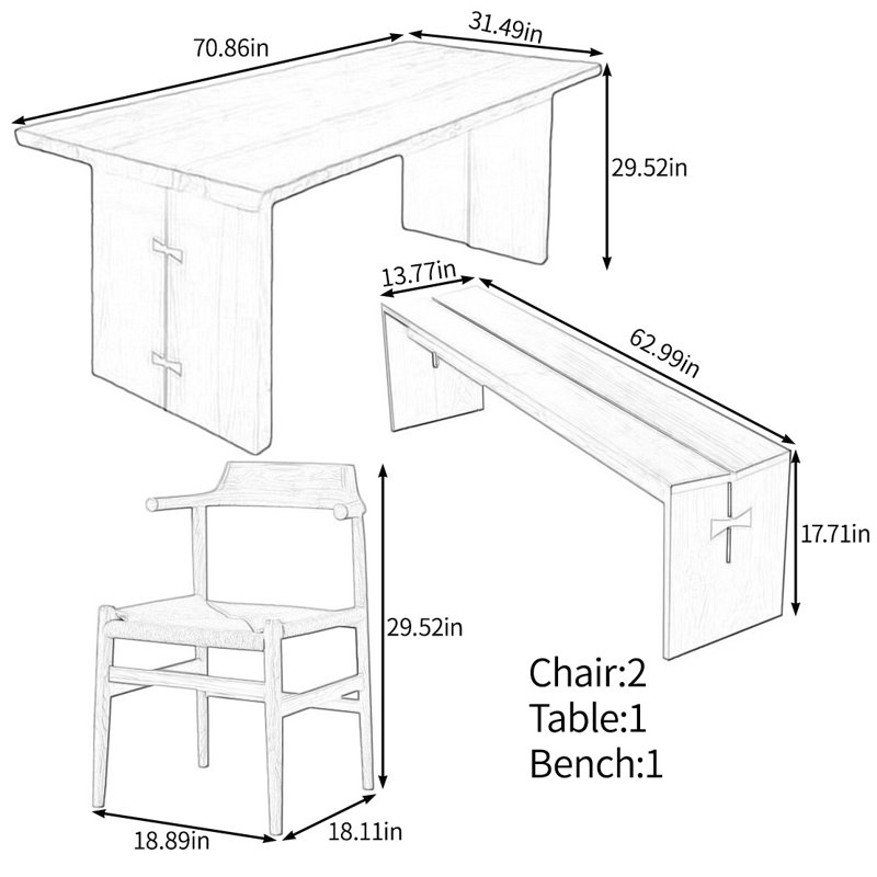Ensemble de table de salle à manger simple et naturel en bois massif, H 29,52 po x L 70,86 po x l 31,49 po