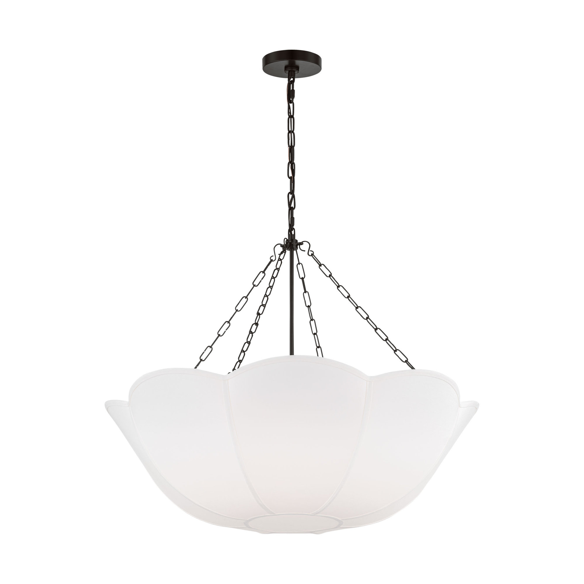 Alexa Hampton Stassi Dining Room Chandelier With White Linen Shade, Aged Iron, 4 Lights, 26.875" H x 32" W x 32" D