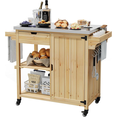 Solid Wood Outdoor Grill Cart Storage Cabinet with Stainless Steel Table Top and Spice Rack, Solid Wood Patio Bar Table with Lockable Wheels Outdoor Kitchen Island for Patio, Garden, Porch, Balcony