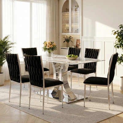 63" Glass Dining Table Set For 6, Pandora Pattern Tempered Glass Table With Convertible Leg Style & Velvet Chairs, For Dining Room, Family Gatherings